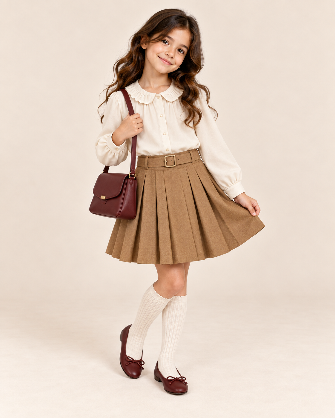 Girls Camel Pleated Skirt — Camel